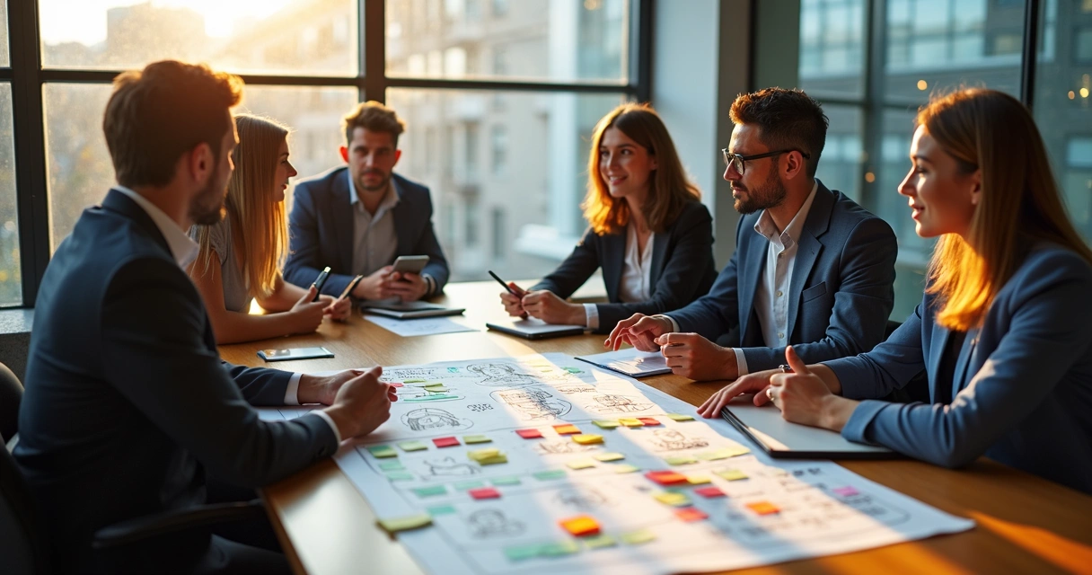 Equipe discutindo em volta de uma mesa com caderno repleto de anotações sobre público-alvo 