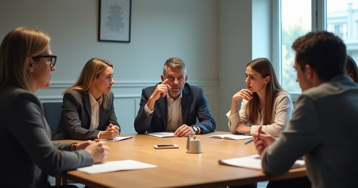 Pessoas sentadas em círculo em sala de reunião, algumas olhando intrigadas, outras desconfortáveis, enquanto uma pessoa fala apontando o dedo.
