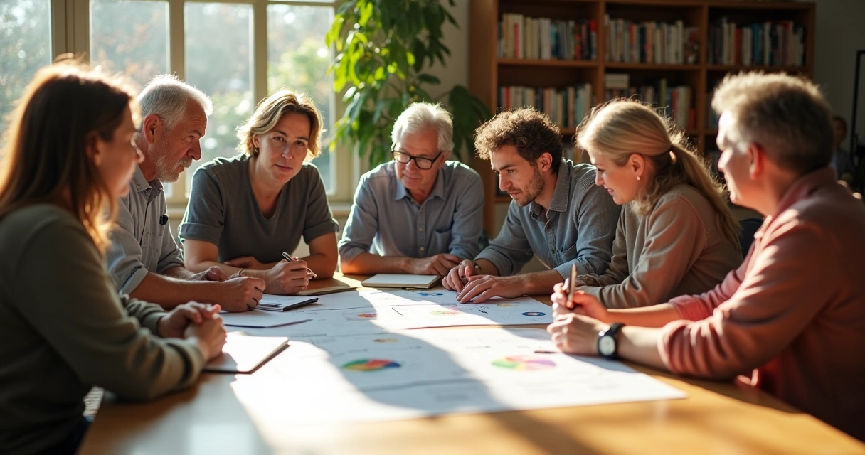 Grupo de pessoas discutindo um projeto social em uma sala iluminada 