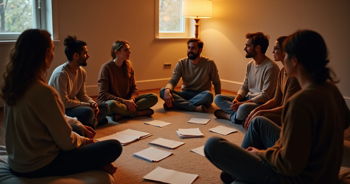 Grupo de pessoas tendo uma conversa profunda em círculo numa sala iluminada, expressando conexão