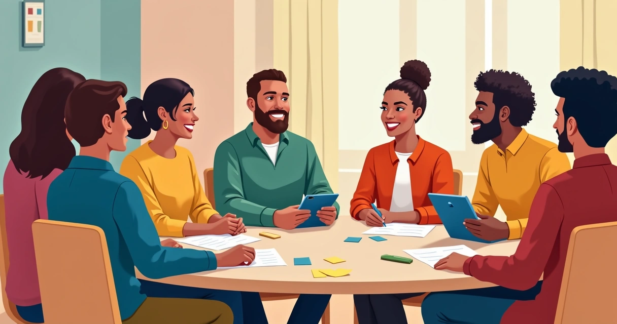 Pessoas reunidas em círculo debatendo propostas políticas 