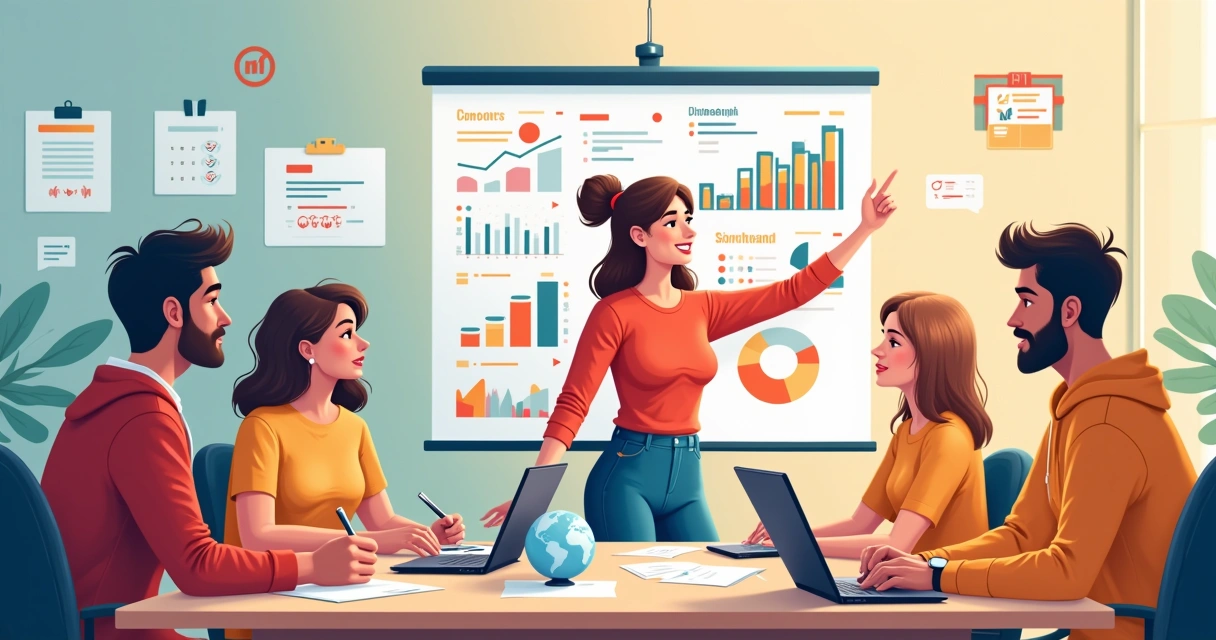 Grupo diverso de pessoas discutindo análise de público-alvo com gráficos e laptops em um ambiente colaborativo.