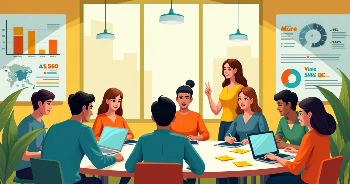 Grupo diversificado discutindo estratégias em uma mesa redonda com gráficos e computadores.