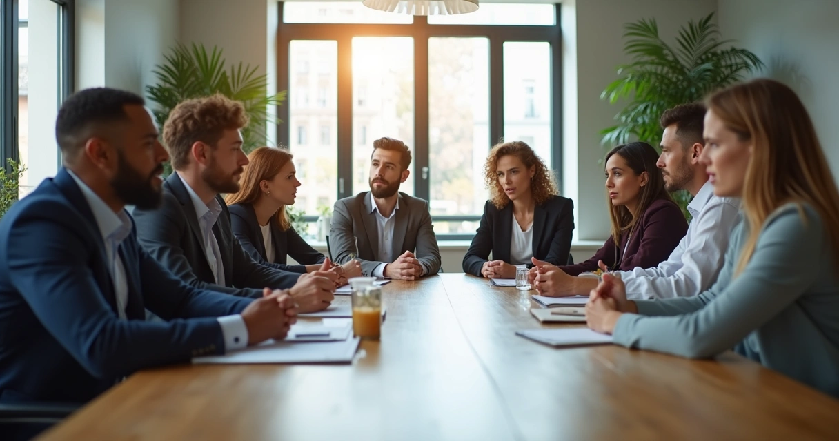 Equipe discutindo em torno de uma mesa de reunião 