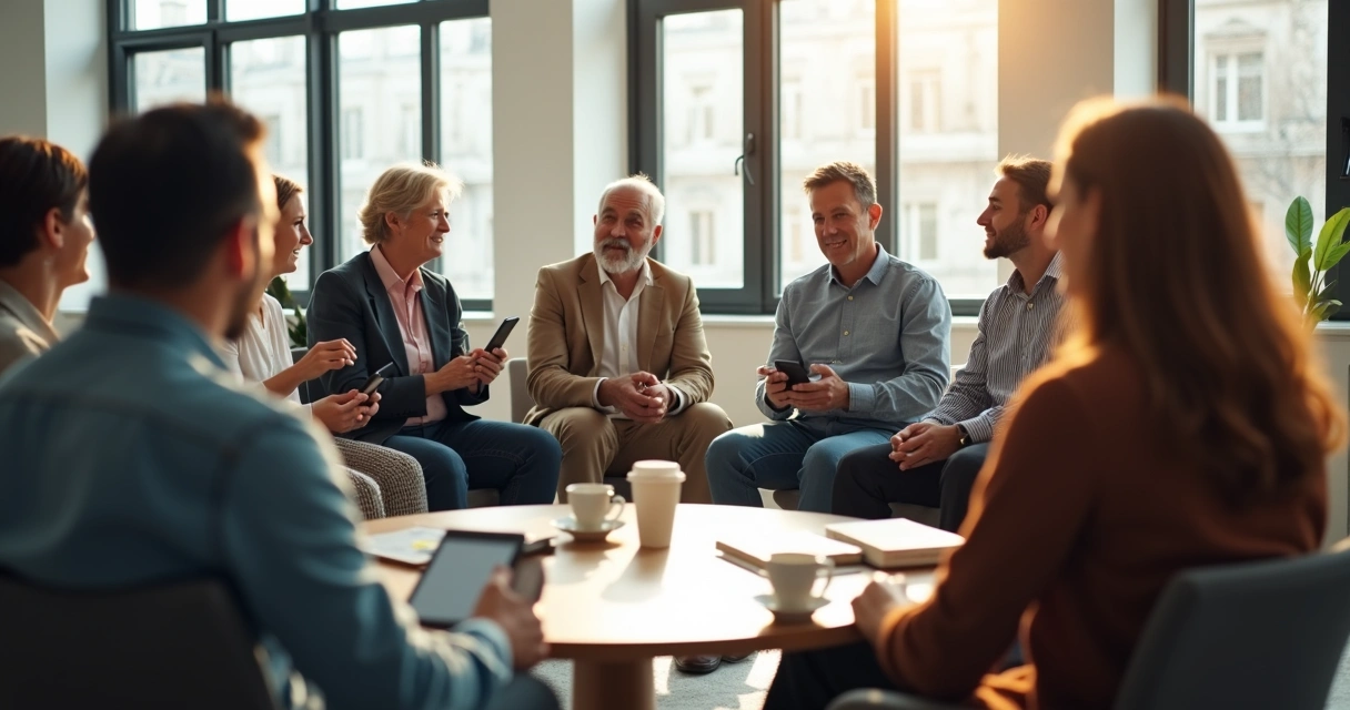 Pessoas sentadas em círculo debatendo temas diversos em ambiente informal