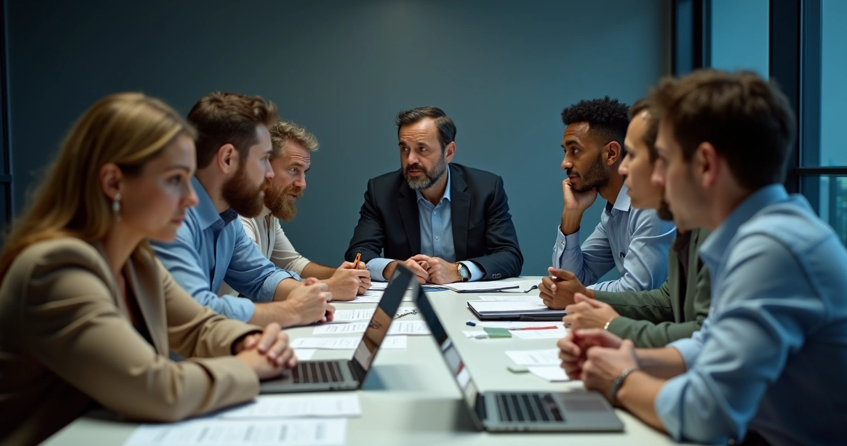 Grupo de pessoas em uma sala de reuniões discutindo temas sérios, expressando tensão e insegurança 