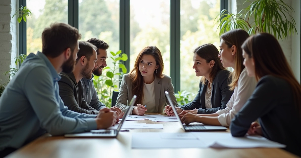 Pessoas sentadas em volta de uma mesa discutindo um projeto em ambiente corporativo