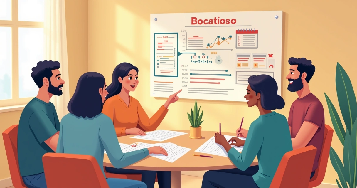 Grupo diverso discutindo usucapião em uma sala de escritório com documentos e uma cartaz explicativo.
