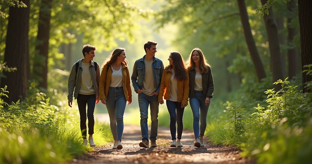 Grupo caminando y riendo en un bosque durante el día 