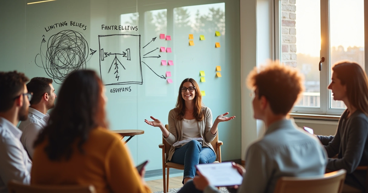 Grupo em círculo discutindo e superando crenças limitantes juntos 