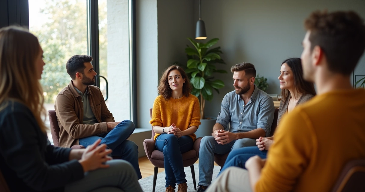 Grupo diverso em roda dialogando e refletindo.