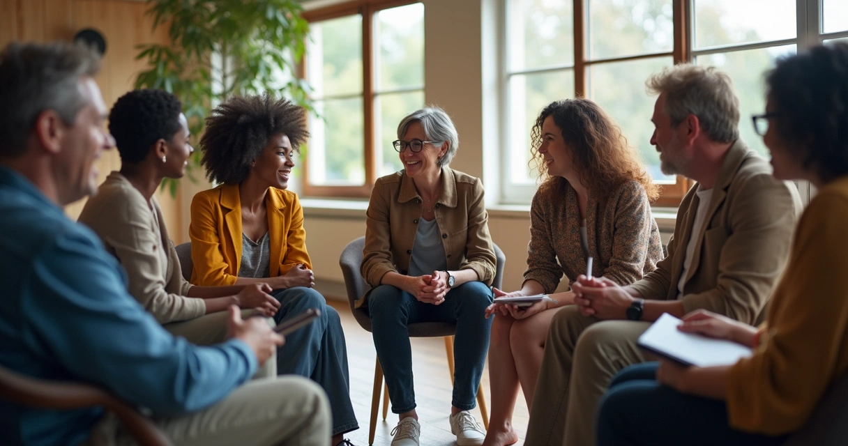 Grupo de pessoas reunidas conversando com empatia