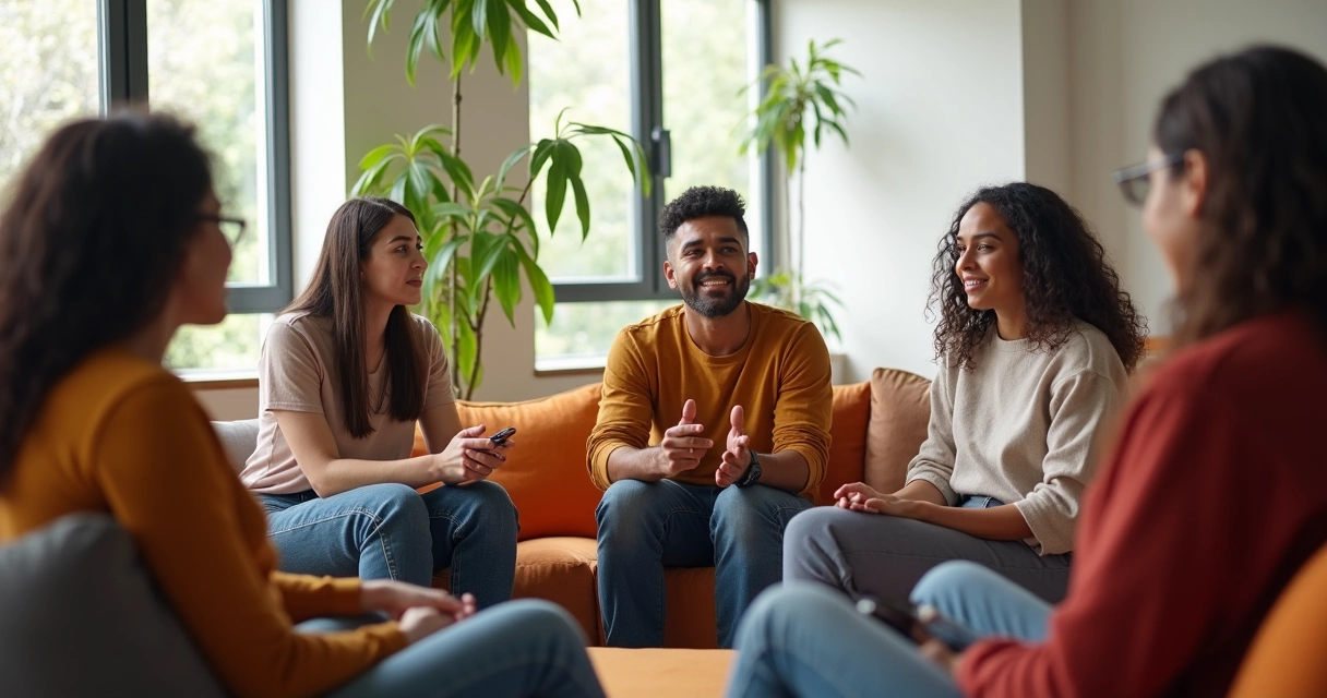 Grupo diversificado em roda, dando feedback uns aos outros