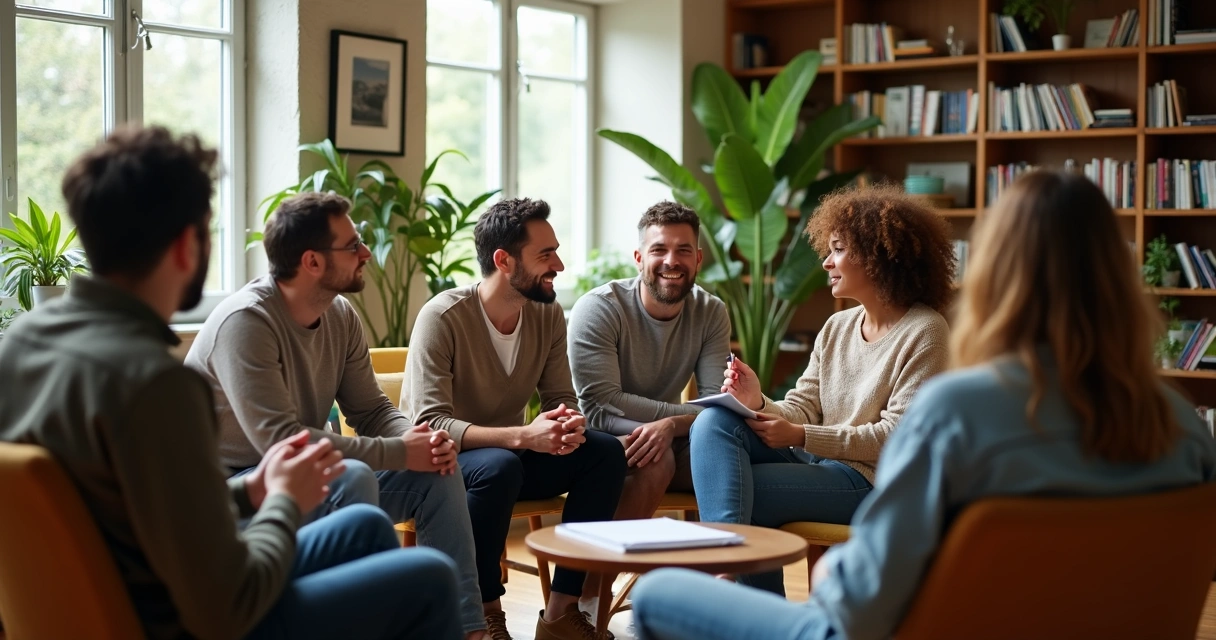 Grupo diverso refletindo sobre escolhas em círculo de diálogo 