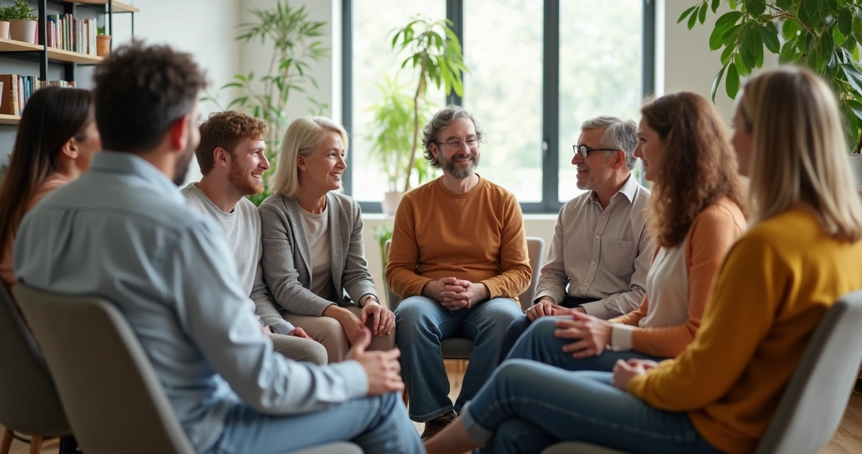 Grupo de pessoas diversas conversando sentados em círculo 