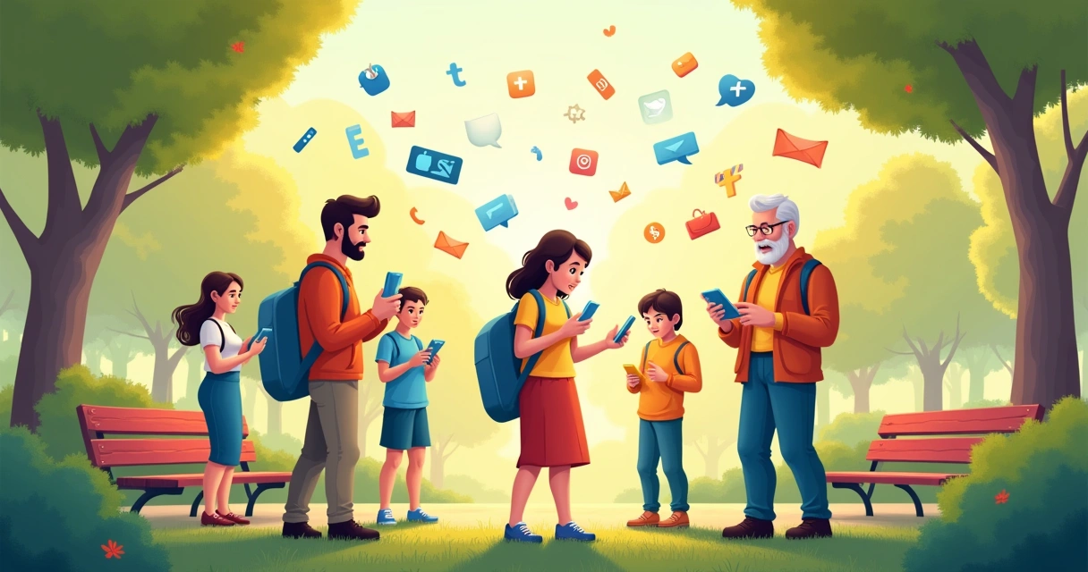 Grupo diversificado de pessoas usando smartphones em um parque ensolarado, simbolizando engajamento nas redes sociais.