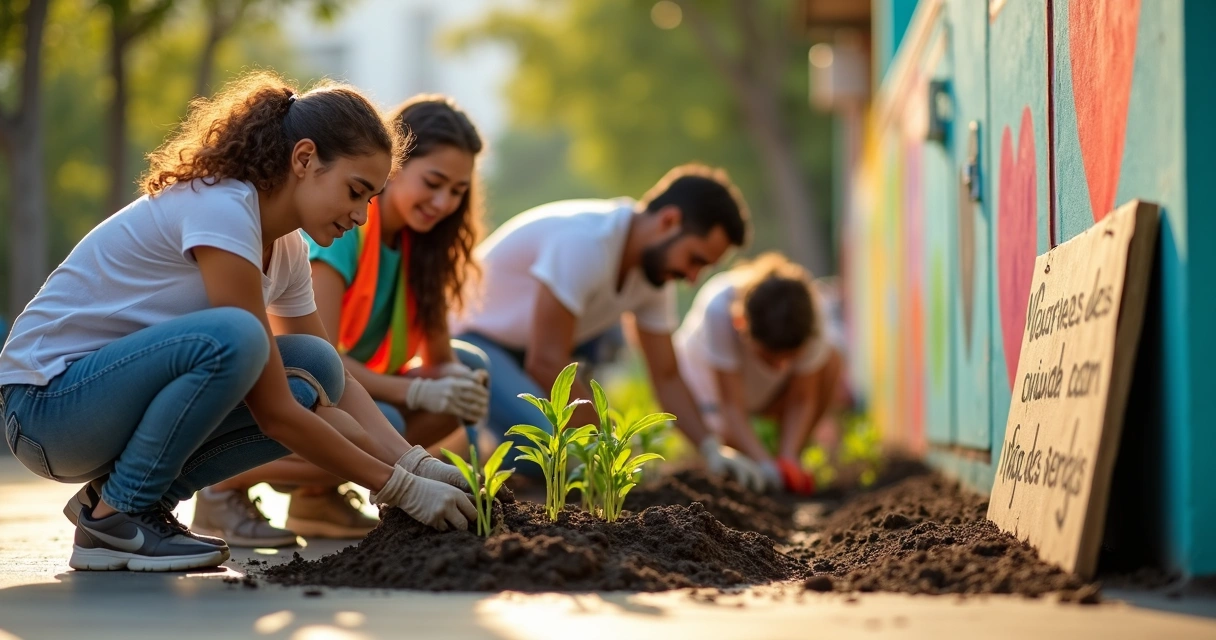 Grupo diverso plantando mudas em ação comunitária urbana 