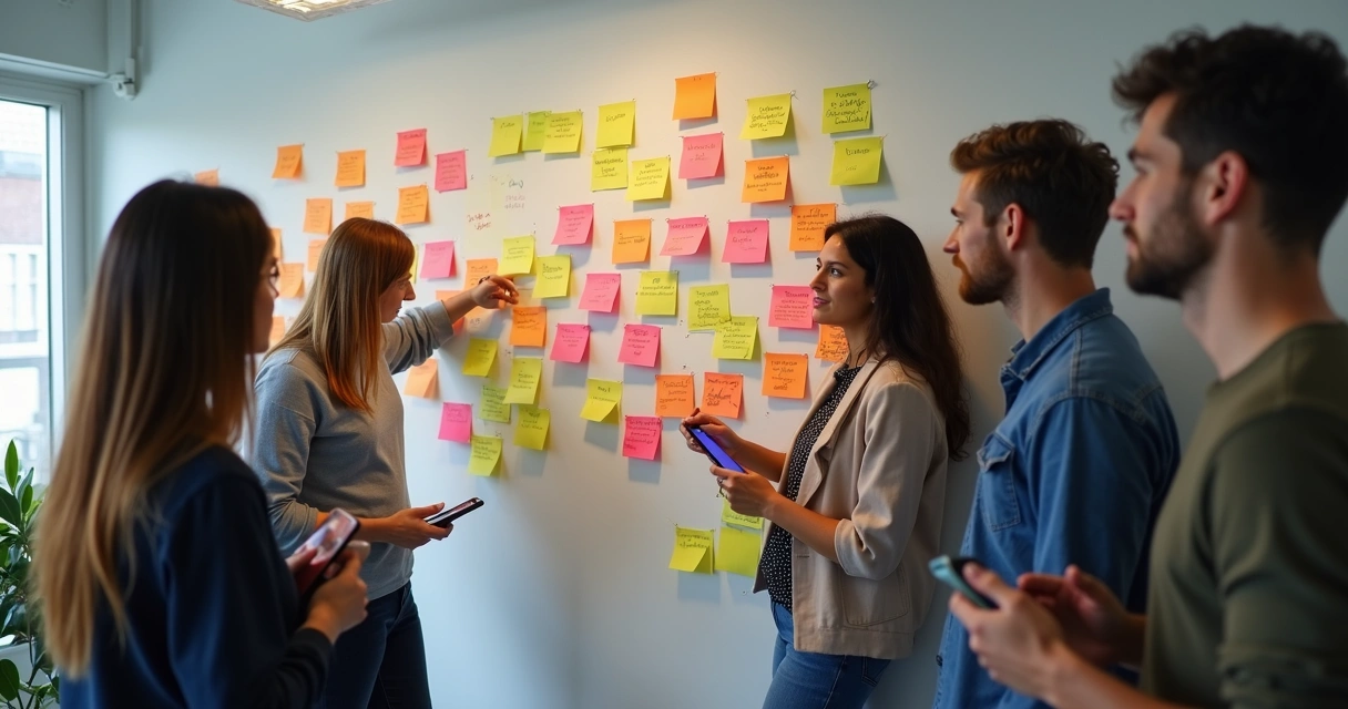 Pessoas diversas analisando feedback em uma parede de post-its 
