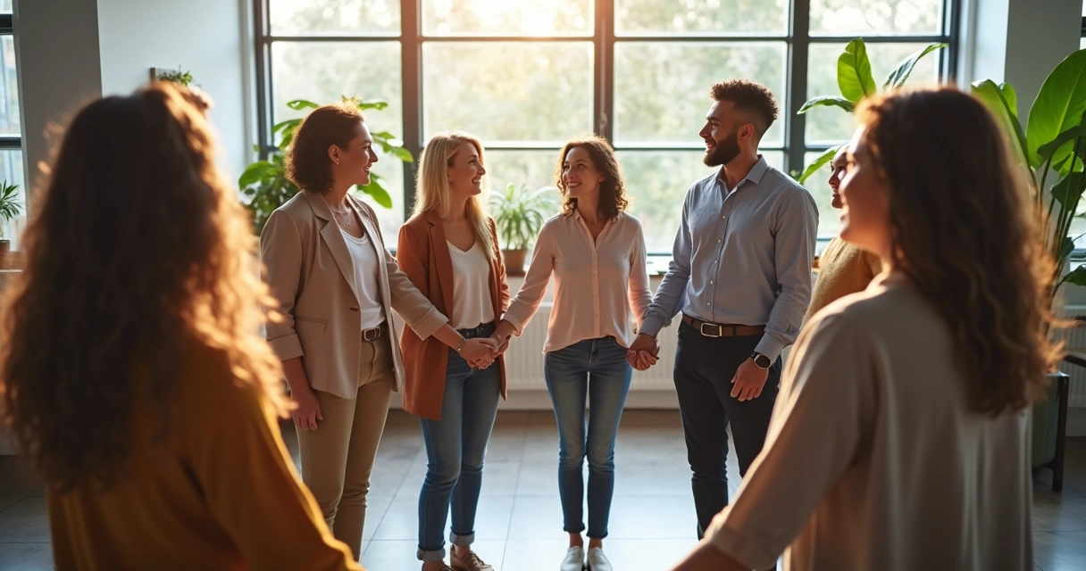 Grupo diverso de pessoas dando as mãos em círculo 