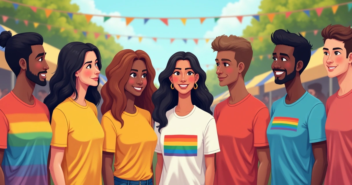 Grupo de pessoas diversas usando camisetas coloridas em um evento ao ar livre