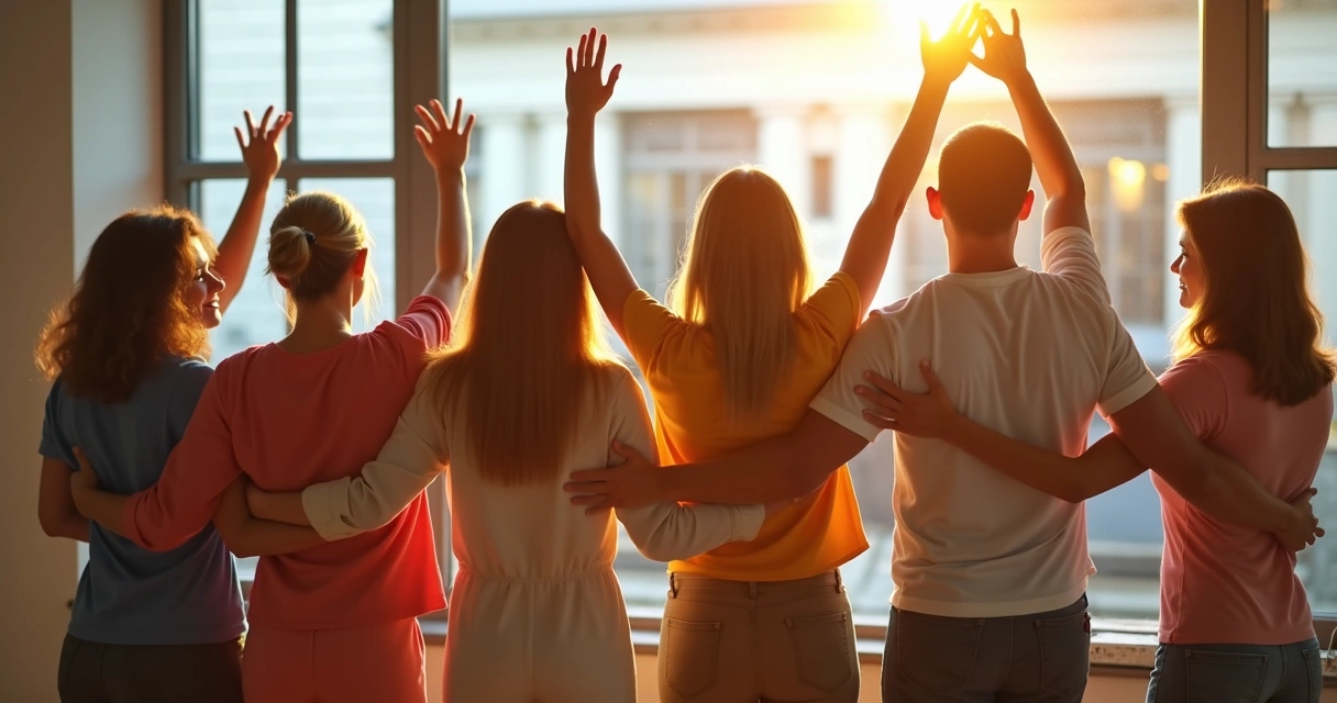 Grupo diverso sorrindo e comemorando juntos, simbolizando superação de desafios pessoais 