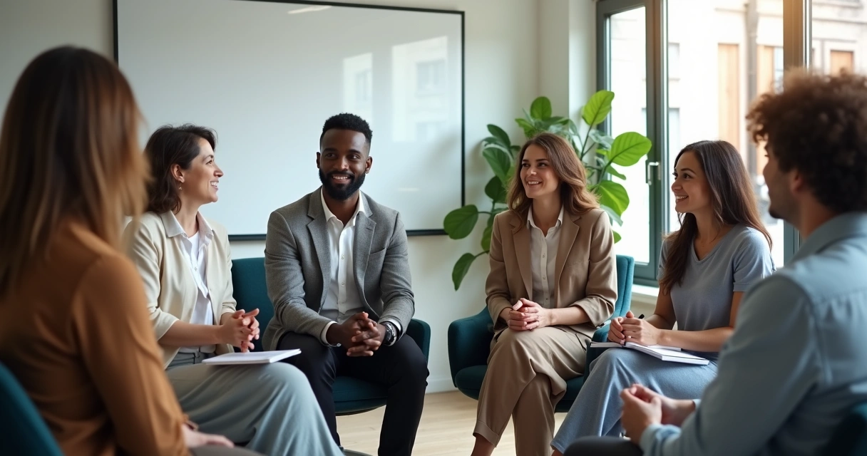 Grupo profissional diverso sentado em roda debatendo, expressando diferentes opiniões em clima amigável