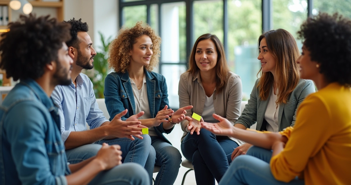 Grupo diverso de consumidores em roda discutindo ideias