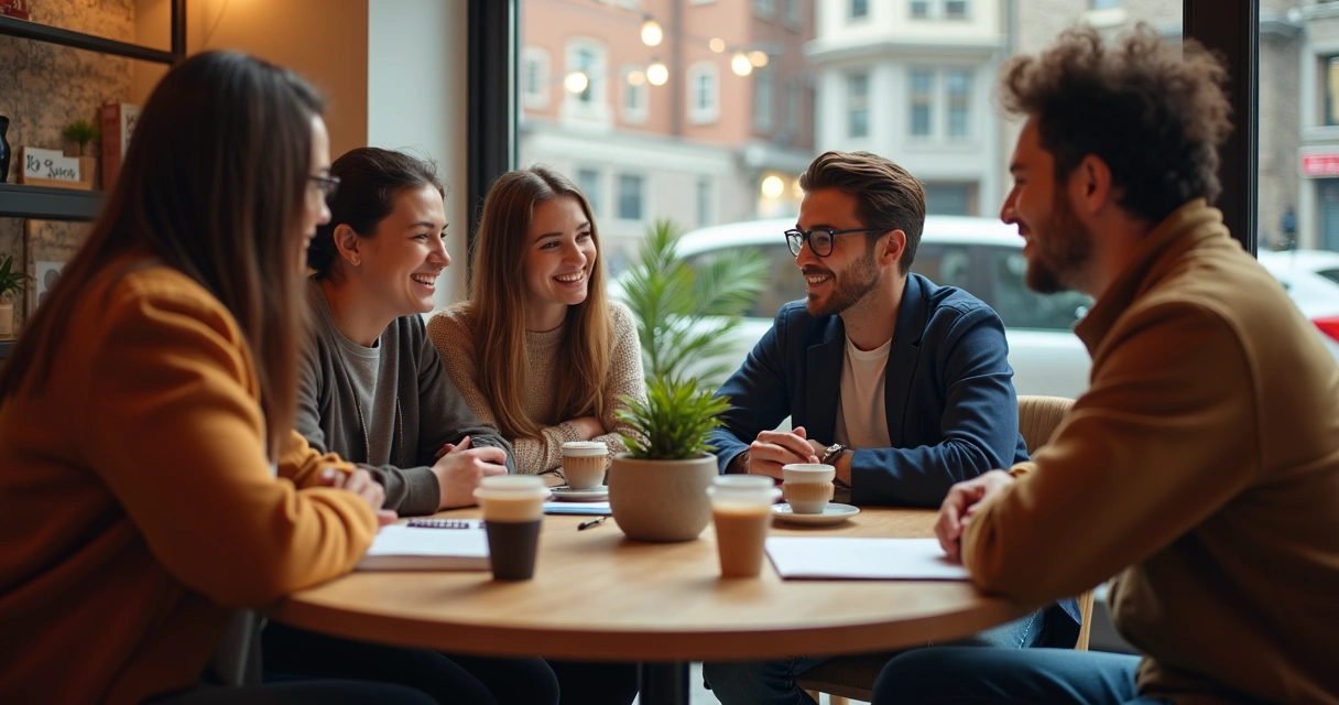 Grupo de pessoas diversas conversando em uma cafeteria 