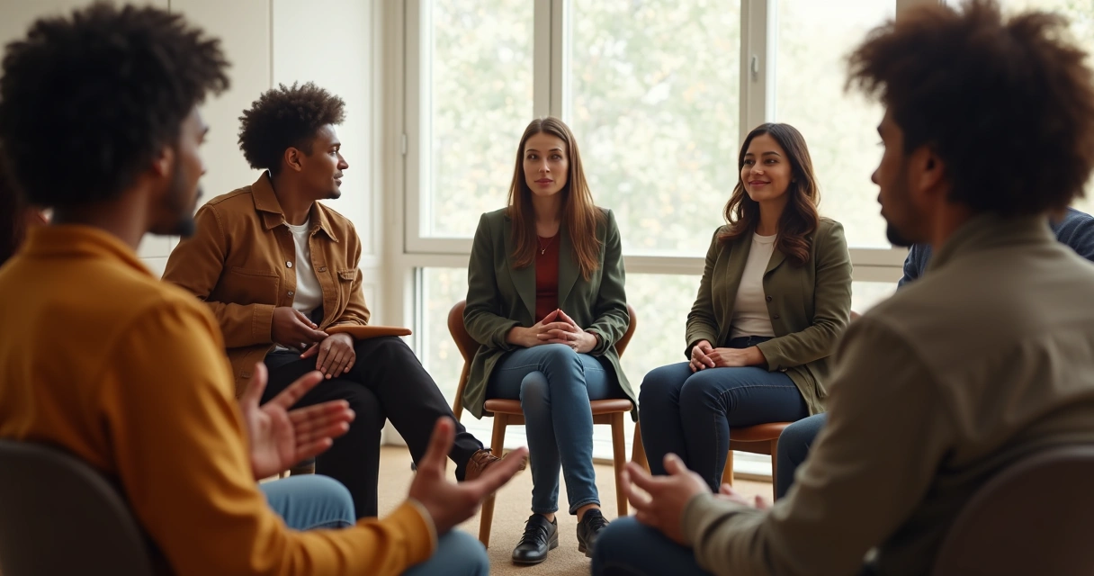 Grupo de pessoas diversas debatendo em círculo