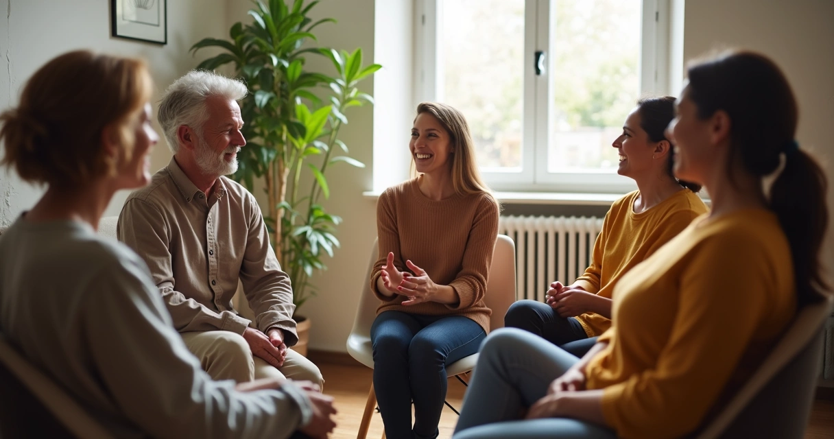 Grupo diverso de pessoas conversando em círculo