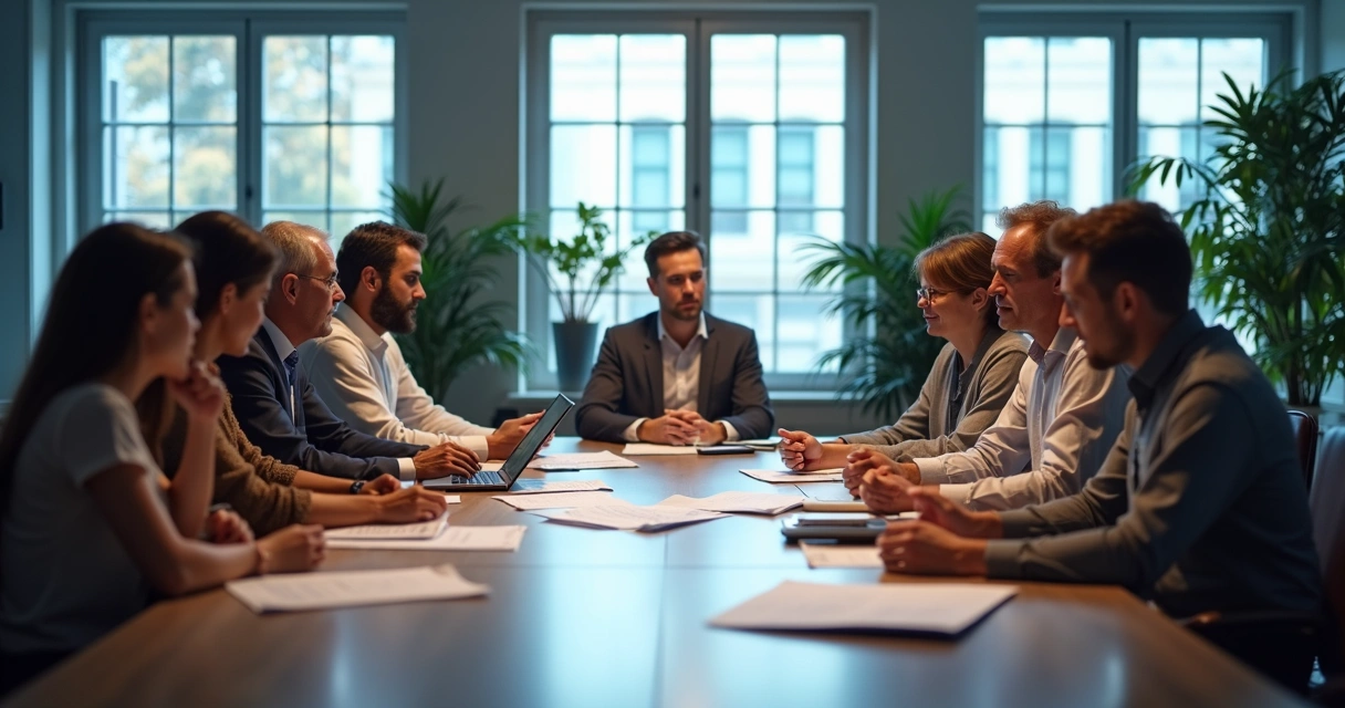 Grupo de pessoas diversas em uma sala debatendo de forma respeitosa ao redor de uma mesa 