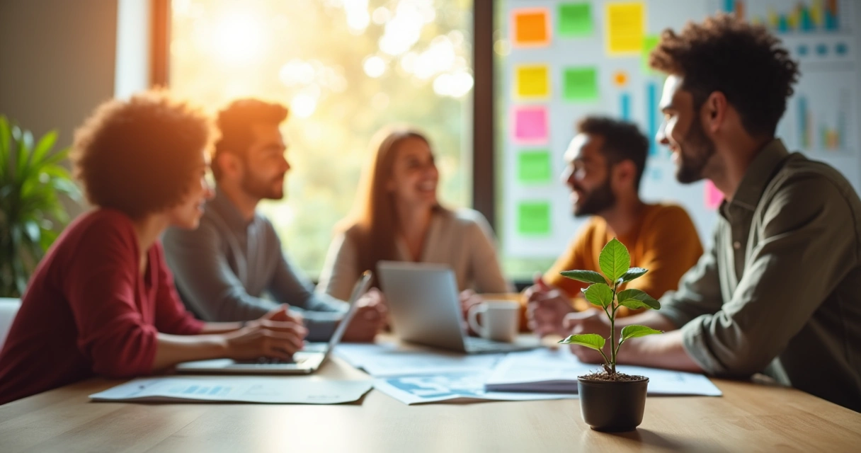 Grupo diverso de pessoas discutindo ideias de negócios em uma mesa iluminada por luz do sol.