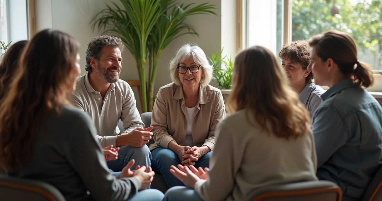 Grupo de pessoas diversas conversando juntas em círculo