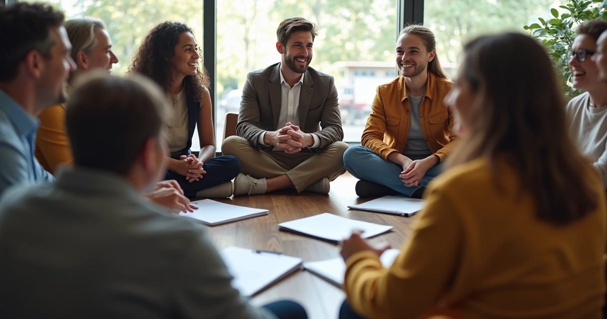 Grupo de pessoas diversas sentadas em círculo, discutindo e sorrindo juntos, em ambiente colaborativo 