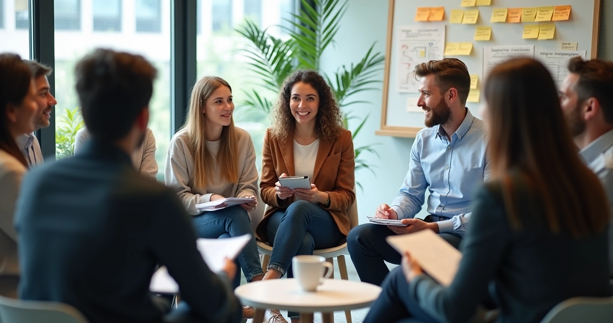 Equipe diversa participando de treinamento de liderança