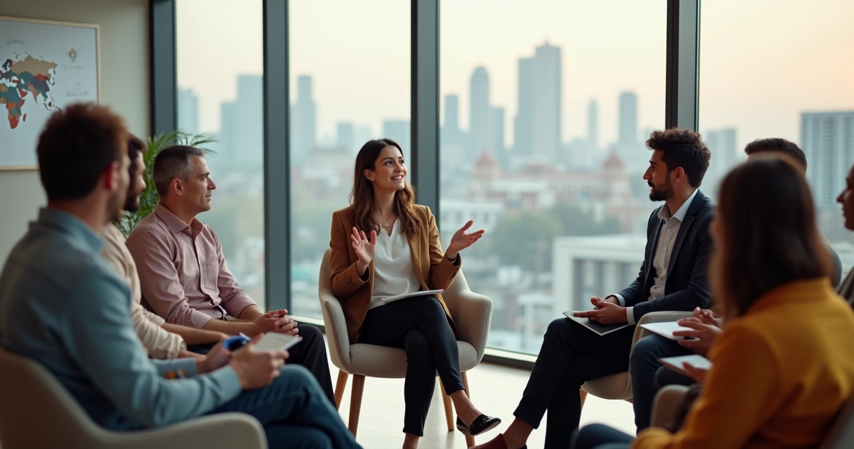 Grupo diverso em roda de conversa refletindo sobre emoções em ambiente multicultural 
