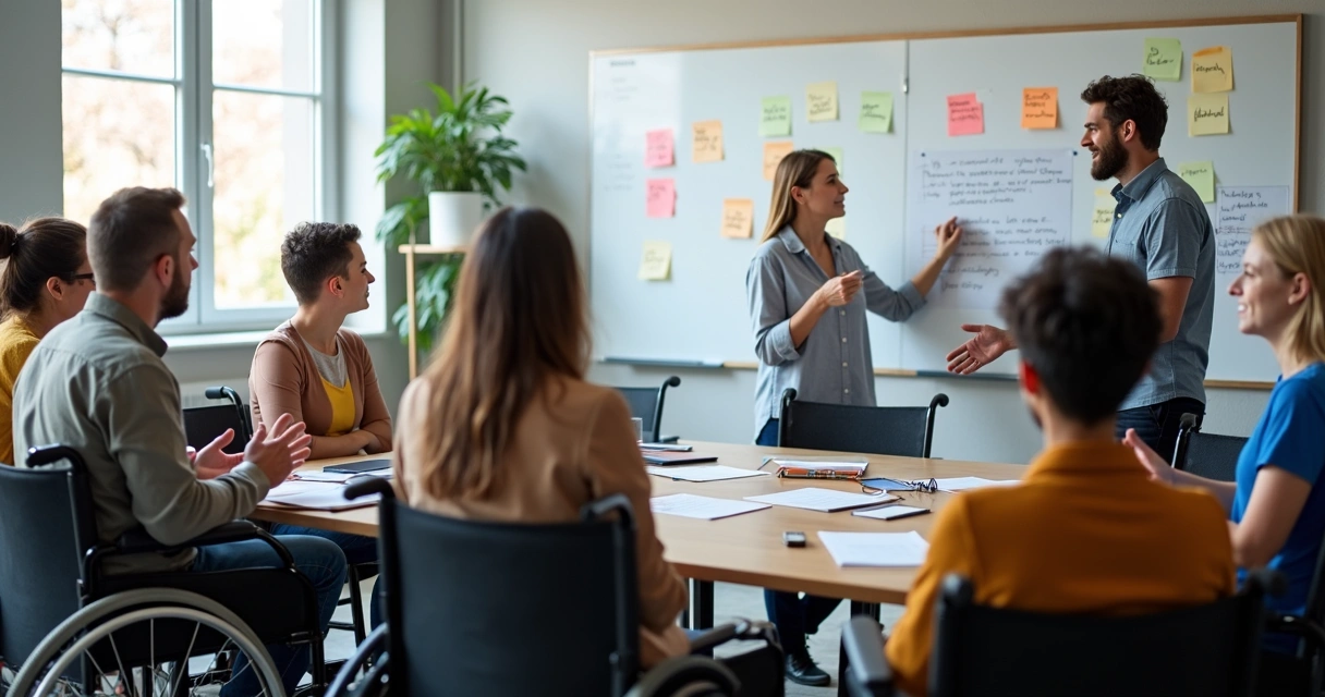 Equipe de pessoas diversas reunidas em reunião informal 