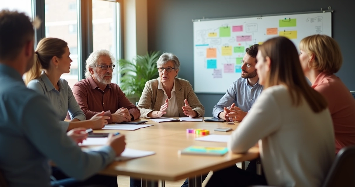 Pessoas diversas em círculo praticando escuta ativa em reunião 