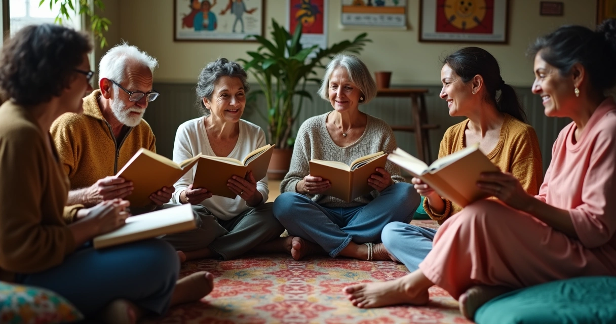 Grupo diverso compartilhando poemas em roda 