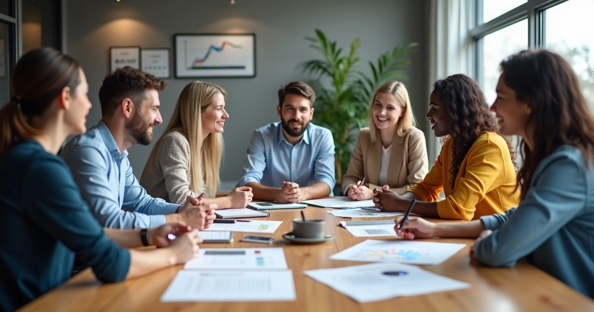 Equipo diverso sentado alrededor de una mesa debatiendo con notas y gráficos. 