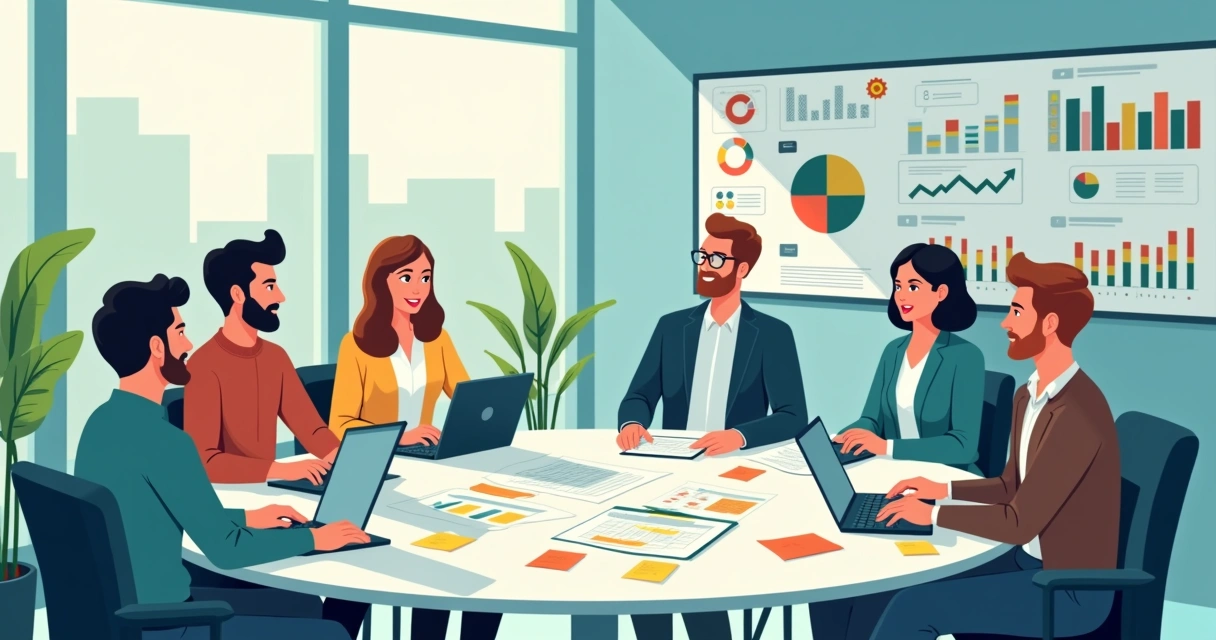 Grupo diverso discutindo pesquisa de mercado ao redor de uma mesa em ambiente de escritório moderno.
