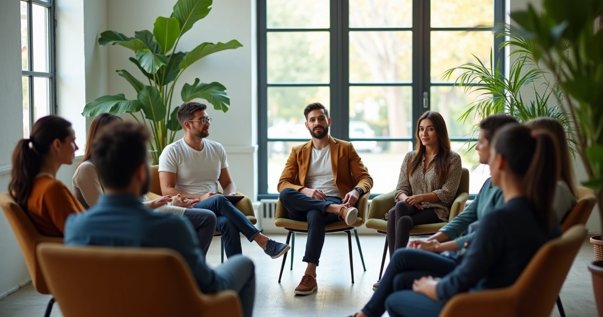 Grupo de pessoas diversas conversando em uma sala bem iluminada 