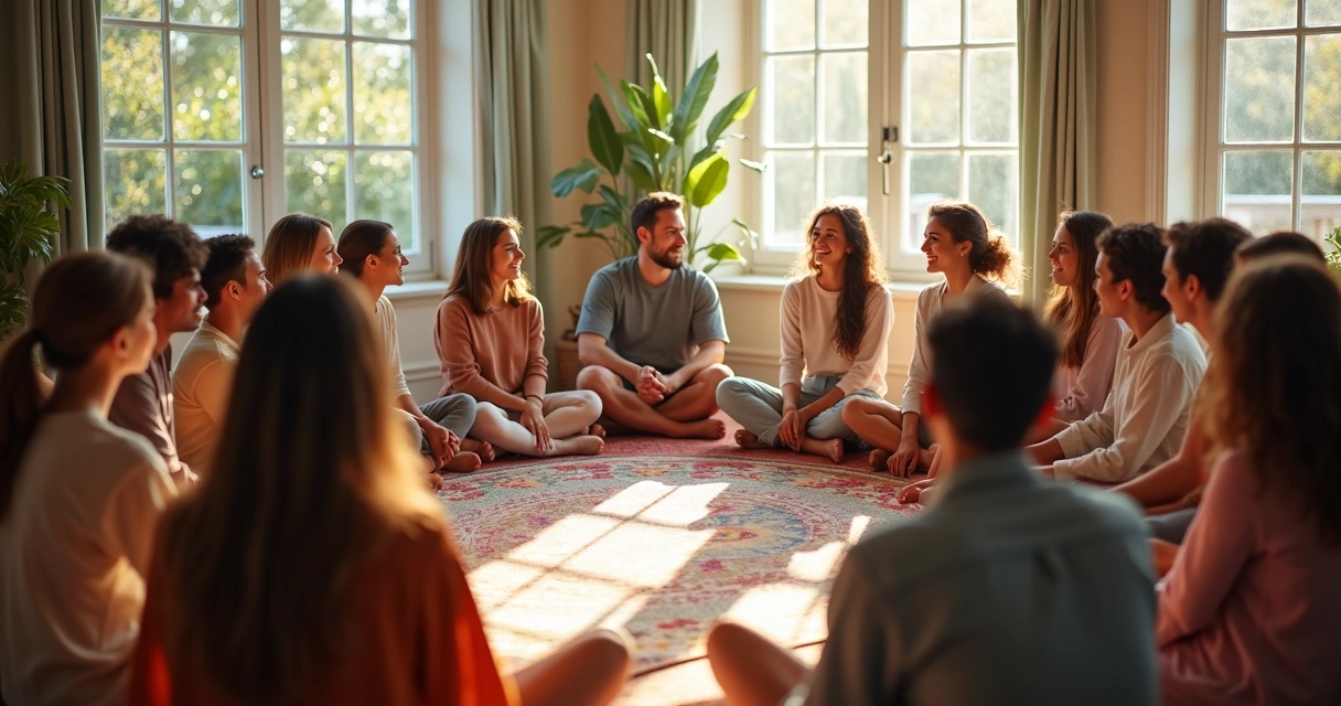 Grupo de pessoas diversas sentadas juntas conversando em harmonia 