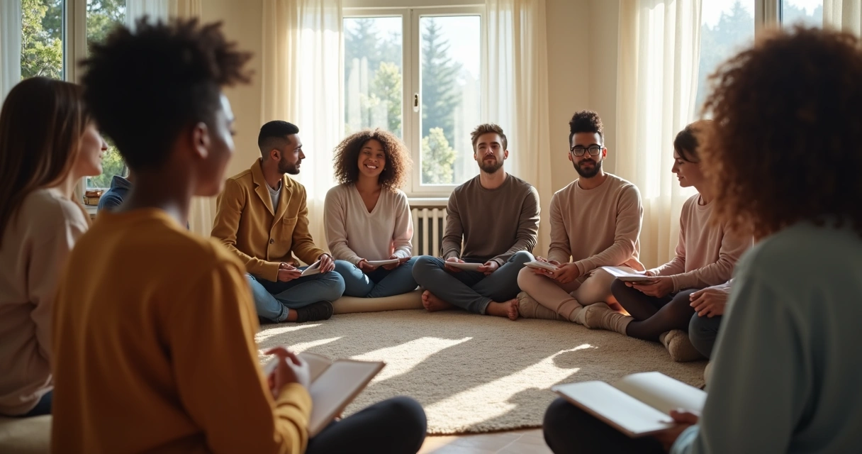 Grupo diverso sentado em roda, refletindo sobre emoções 
