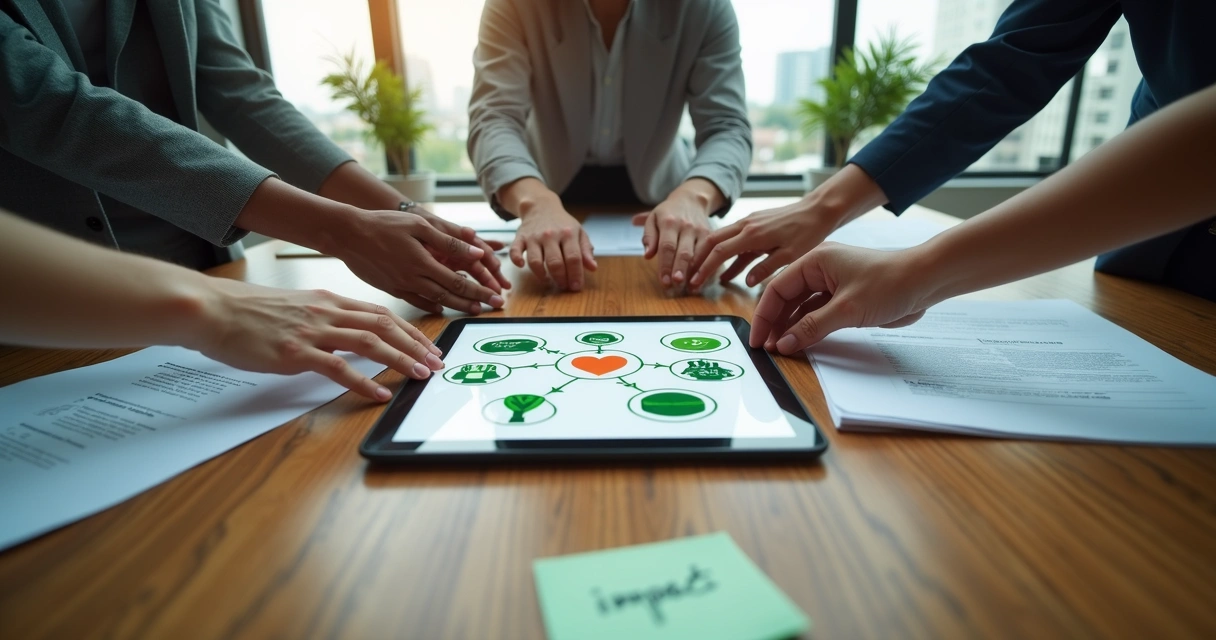 Grupo diverso unindo as mãos sobre mesa com ícones de impacto social 