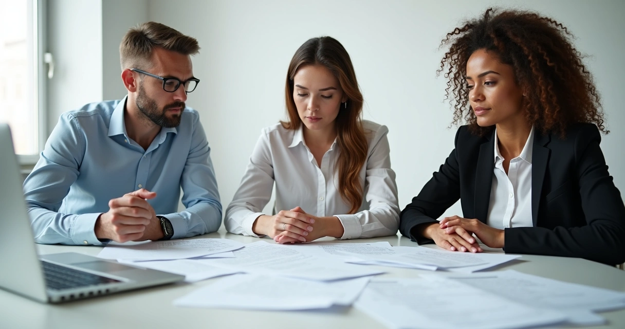 Equipe de RH avaliando currículos em reunião com diversidade de pessoas 