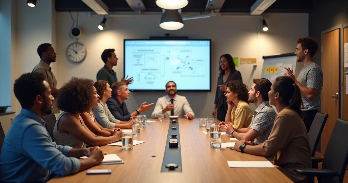 Grupo diverso em reunião acompanhando uma apresentação 