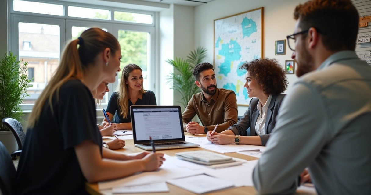 Equipe de colaboradores diversos em reunião de trabalho com documentos e computador 