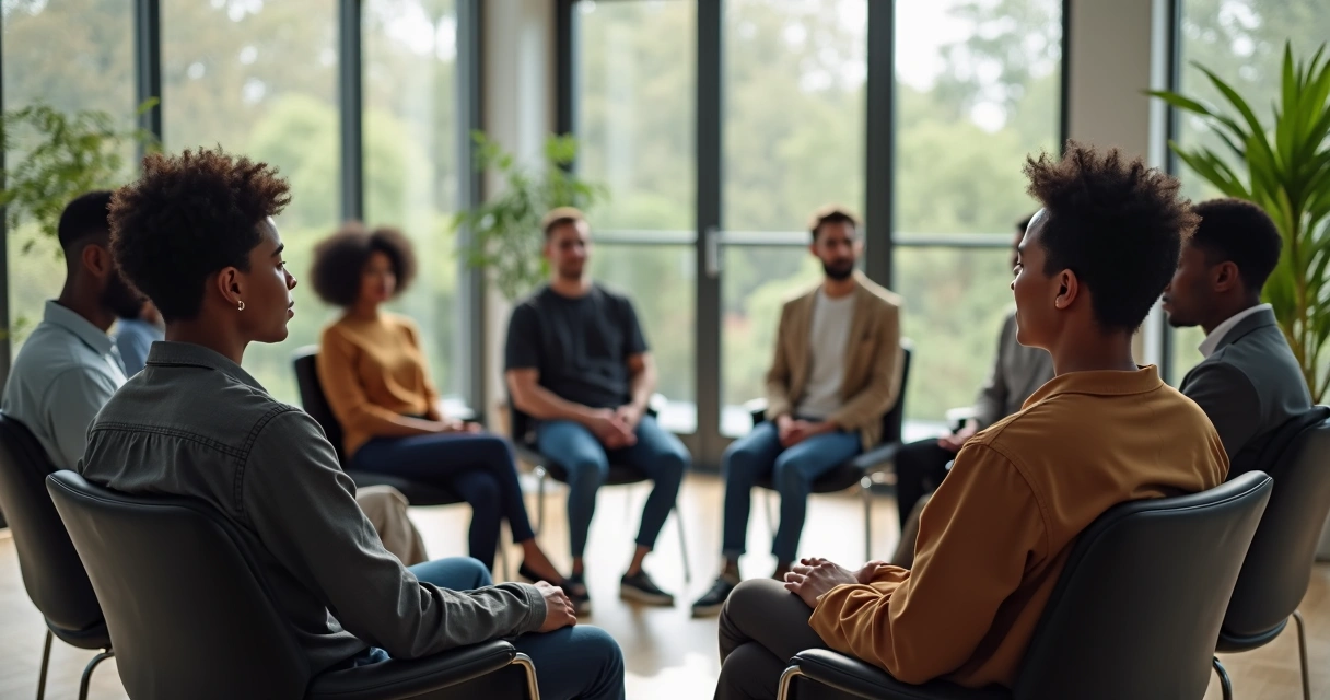 Equipe de trabalho diversa sentada em círculo em sala de reunião, momento de silêncio reflexivo.