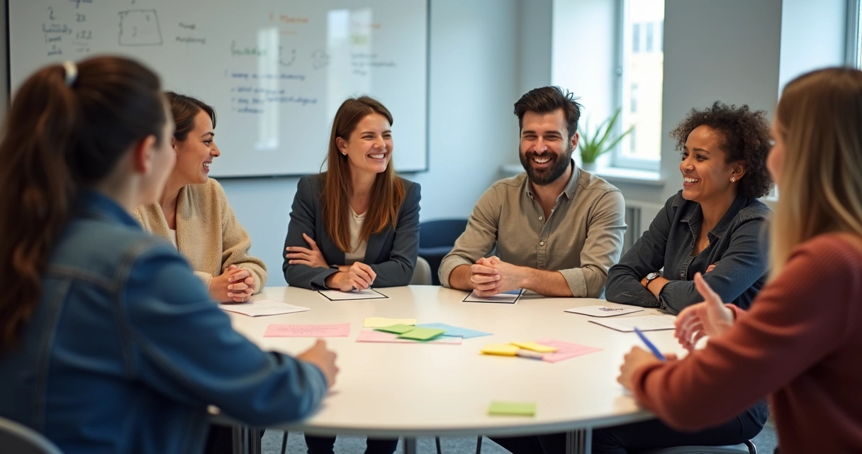 Pessoas sentadas em círculo durante reunião, cada uma aparentemente com uma perspectiva diferente 